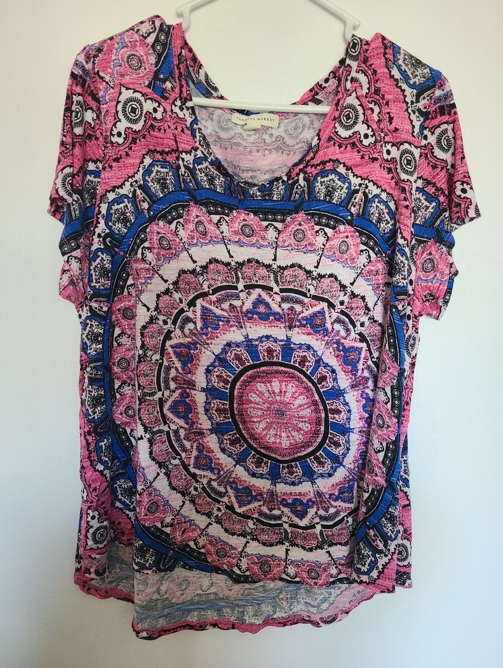 Farmers Market Pink & Blue Mandala Print Short Sleeve Hippie Boho Top Wmns 2X